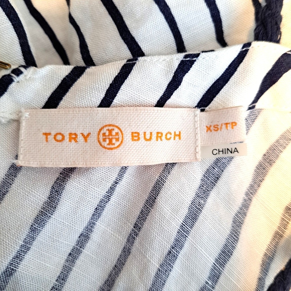 Tory Burch Striped Halter Dress Women XS Blue White Linen Rayon Tassel Tie Beach - Picture 13 of 14